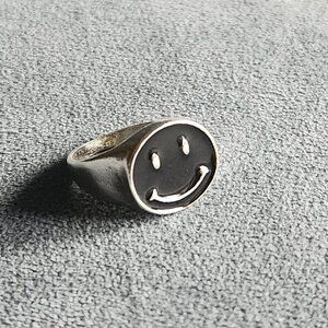 Silver and Black Enamel Smiley Face y2k Style Stainless Steel Ring. Size 7.